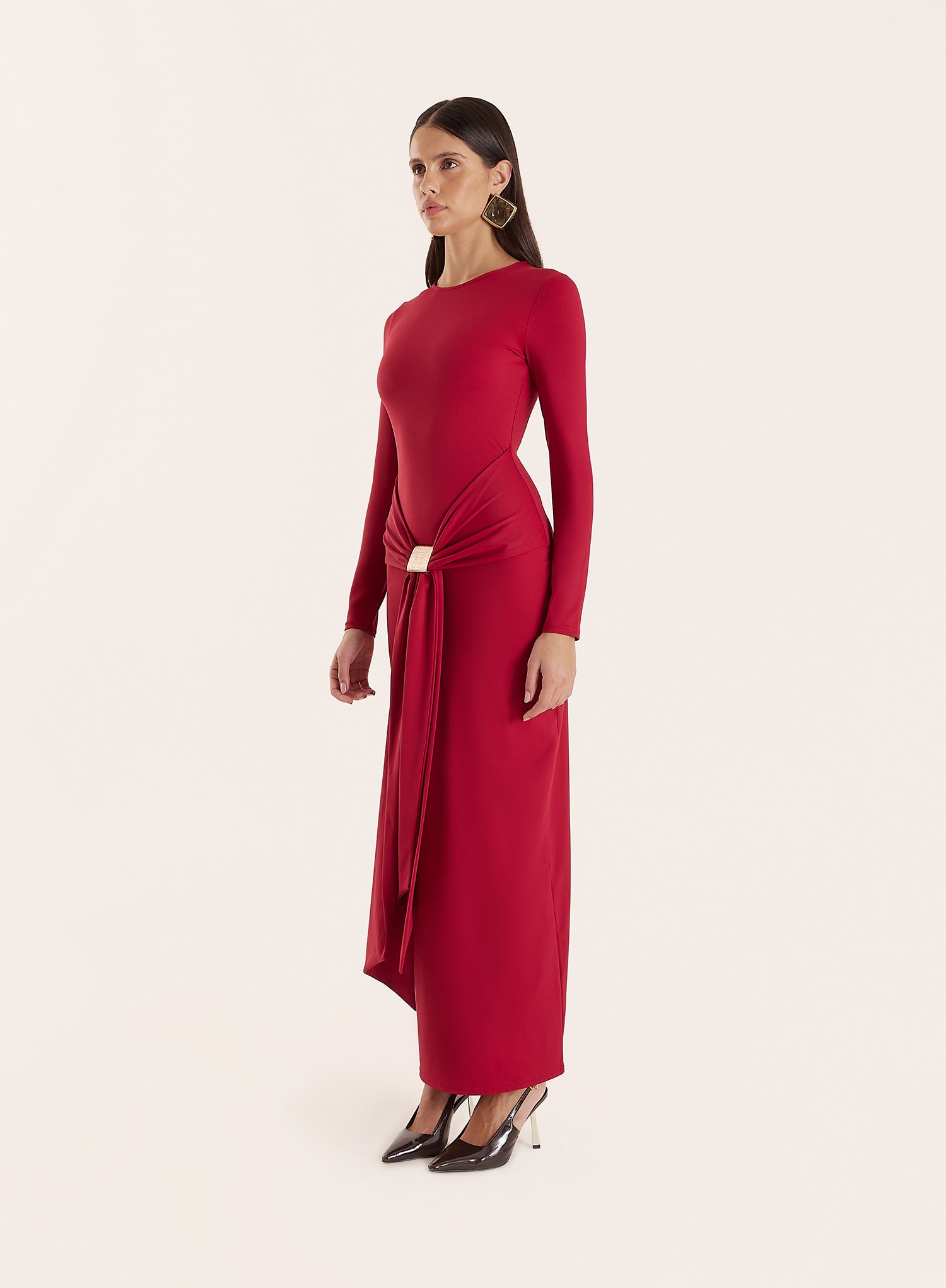 Red Jersey Hardware Waist Detail Maxi Dress